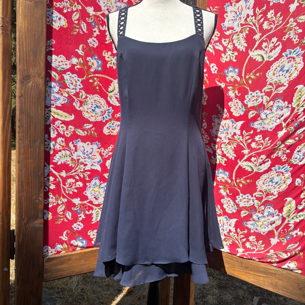 Vintage 90s/2000s Balletcore Navy Blue Ruffled Hem Cross Back Mini Dress Size M